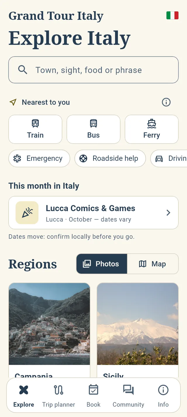 Explore: search, the nearest train, bus or ferry stop, a festival this month, and the regions as photos.