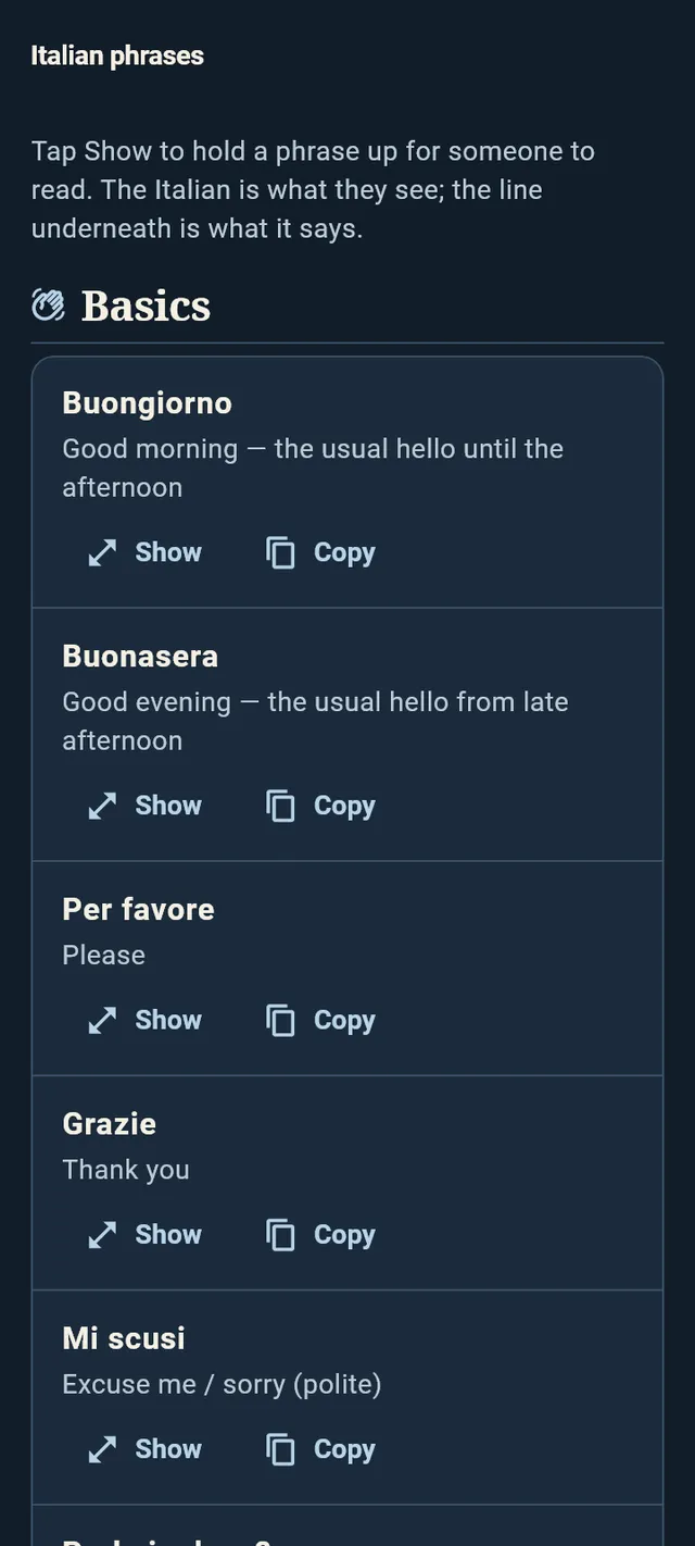 The phrasebook: Buongiorno, Buonasera, Per favore and Grazie, each with its meaning and buttons to show or copy it.