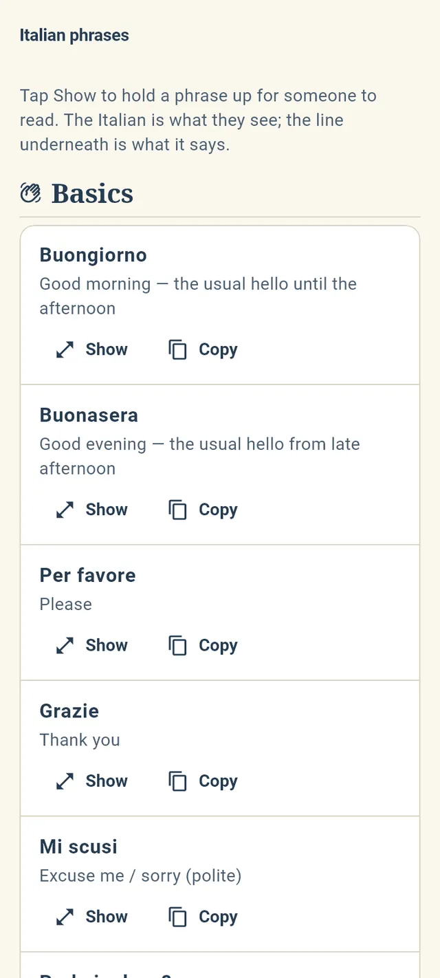 The phrasebook: Buongiorno, Buonasera, Per favore and Grazie, each with its meaning and buttons to show or copy it.