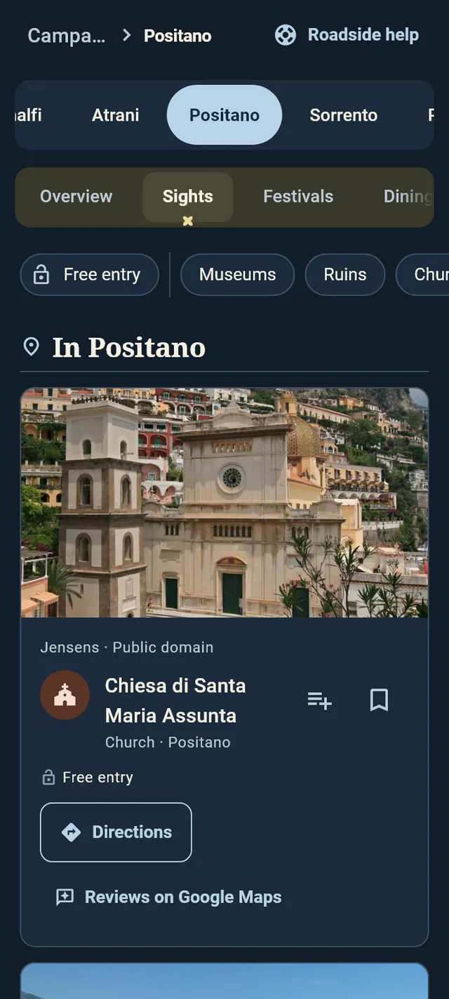 Positano's sights: the Chiesa di Santa Maria Assunta, free to enter, with Directions and its reviews on Google Maps.