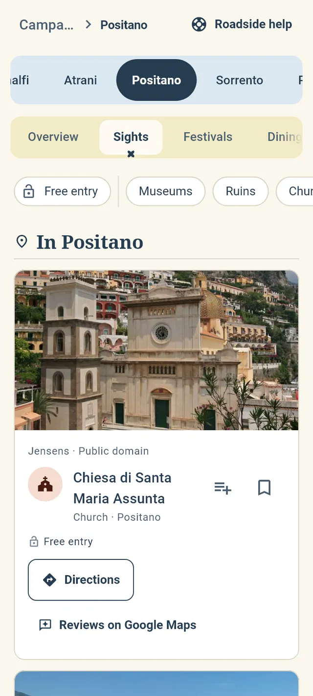 Positano's sights: the Chiesa di Santa Maria Assunta, free to enter, with Directions and its reviews on Google Maps.