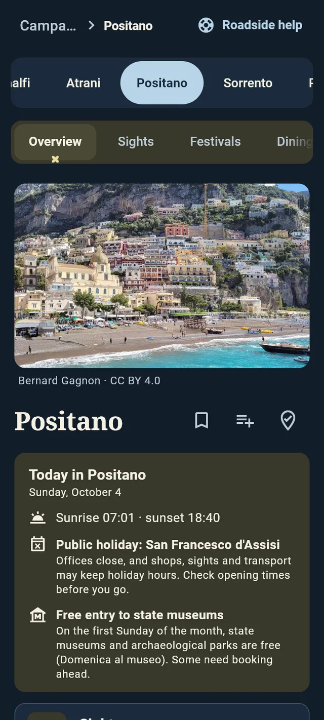 The app's page for Positano: its photo, and what is on today, with sunrise, sunset and a public holiday.