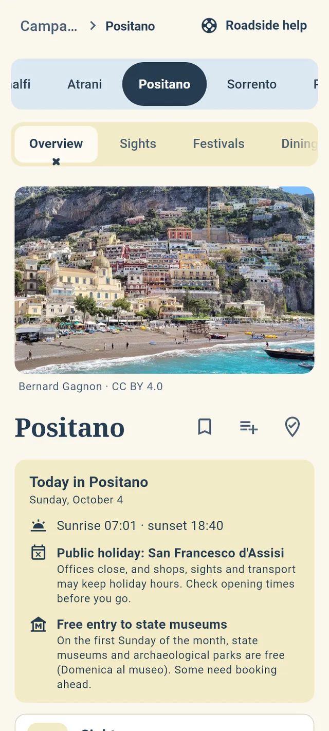 The app's page for Positano: its photo, and what is on today, with sunrise, sunset and a public holiday.